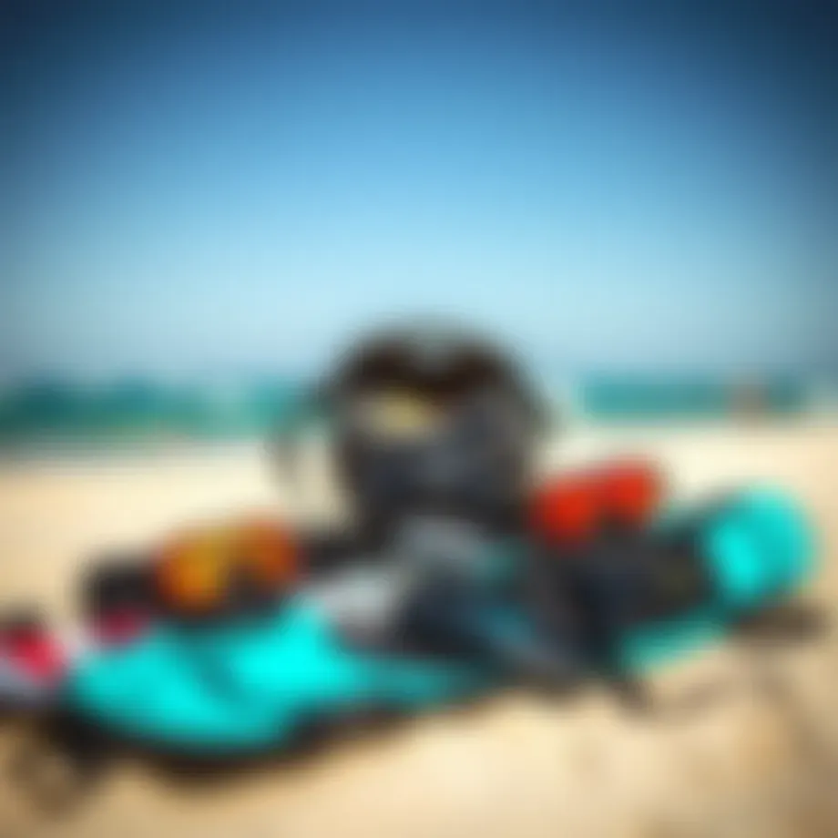 Complete kiteboarding kit displayed on the beach