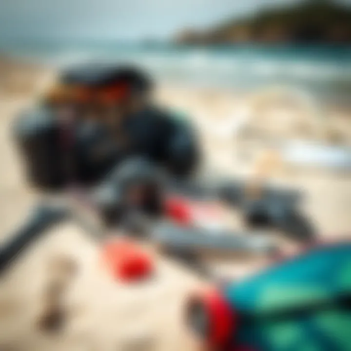Kiteboarding Gear Essentials Essential kiteboarding gear laid out on the beach