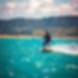 A stunning view of a kiteboarder gliding across the water