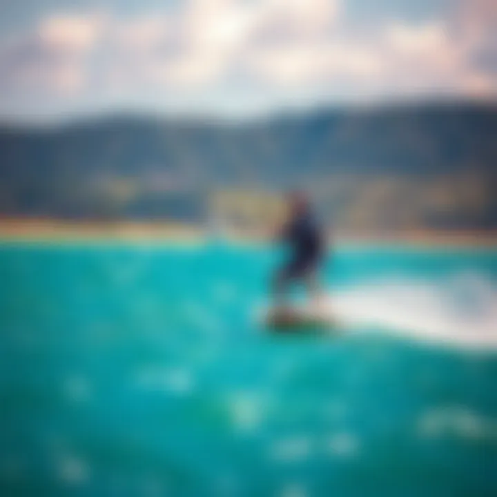 Kiteboarder in Action A stunning view of a kiteboarder gliding across the water