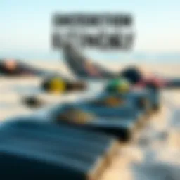 Kiteboarding gear laid out on the beach