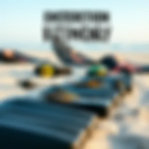 Kiteboarding gear laid out on the beach