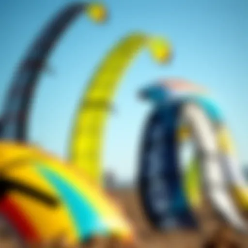 Various types of kiteboarding kites arranged for comparison