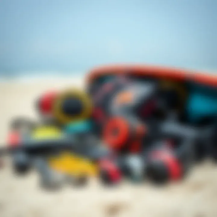 Essential kiteboarding gear laid out