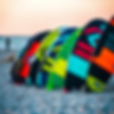 Variety of Kiteboarding Kites on the Shore Different types of kiteboarding kites lined up on the beach