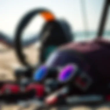 Must-Have Accessories for an Enhanced Experience Kitesurfing accessories displayed next to a beach setting
