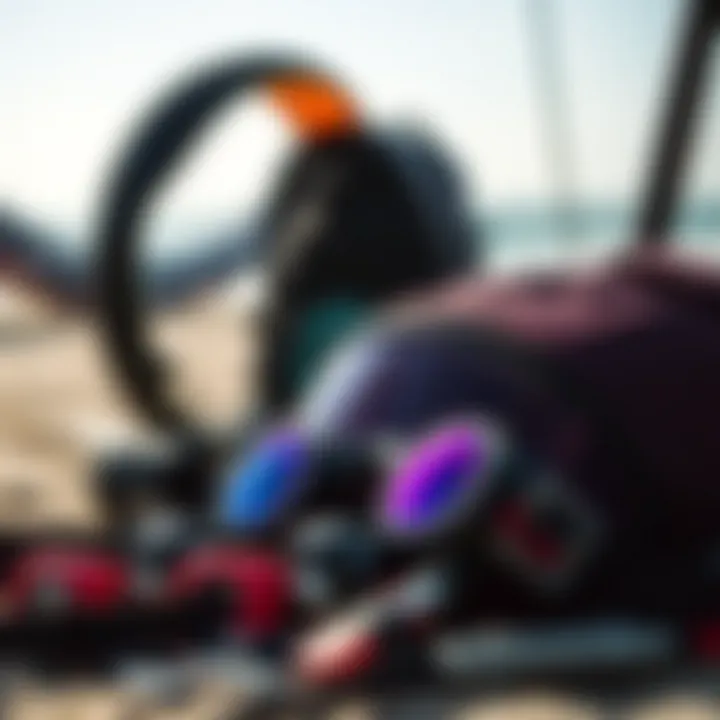 Must-Have Accessories for an Enhanced Experience Kitesurfing accessories displayed next to a beach setting