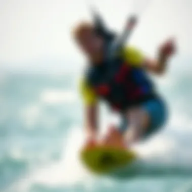 Kitesurfer in Action with Life Jacket A kitesurfer confidently riding the waves wearing a life jacket