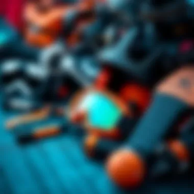 An organized assortment of kitesurfing accessories including safety gear.