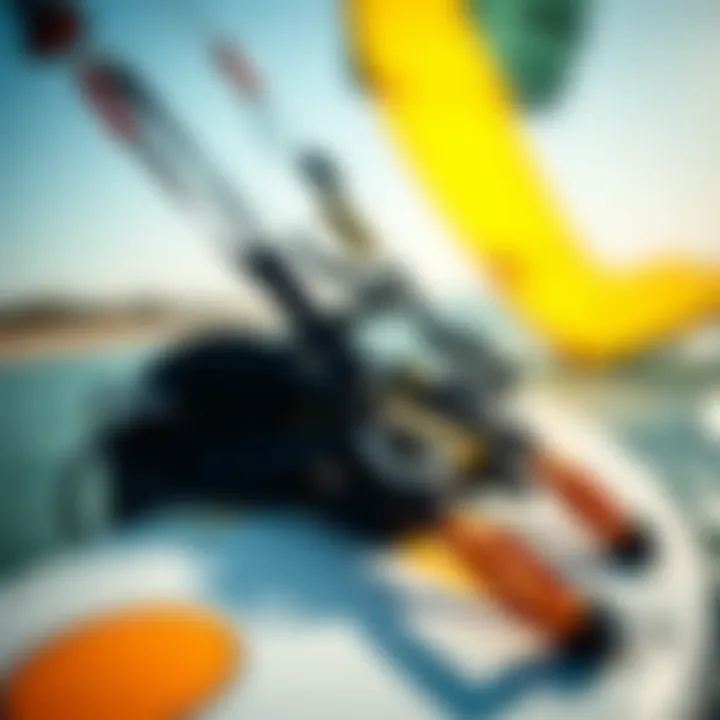 Close-up of kitesurfing equipment highlighting the kite, board, and harness.