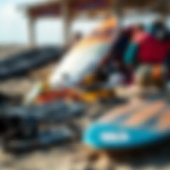 Essential Gear for Every Kitesurfer A selection of kitesurfing gear including harnesses and boards laid out on the sand