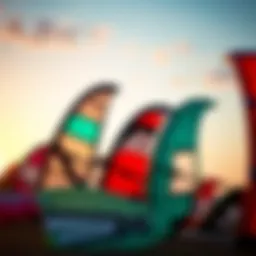 A variety of kitesurfing kites displayed against a vibrant sunset backdrop