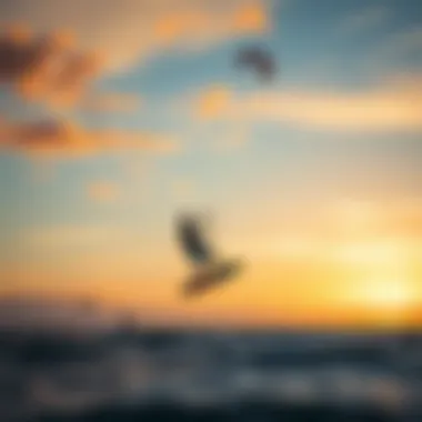 Sunset Serenity: Kitesurfing at Dusk Stunning sunset view with kitesurfers on the horizon