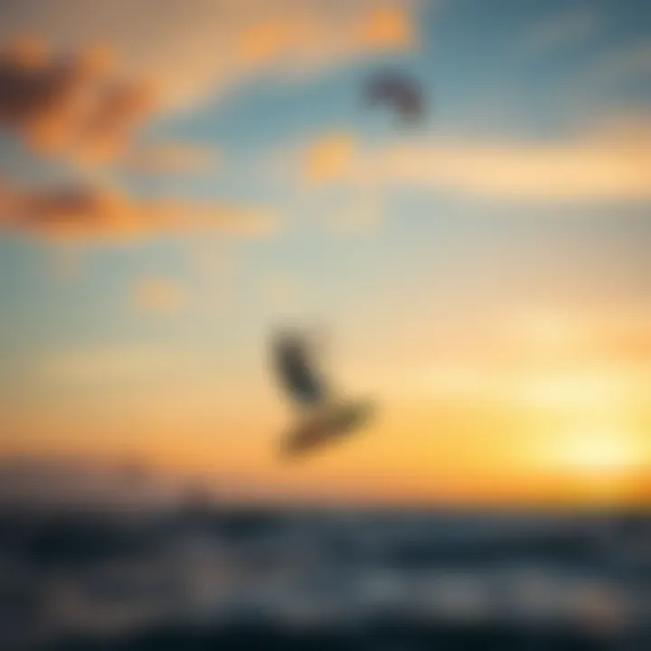 Sunset Serenity: Kitesurfing at Dusk Stunning sunset view with kitesurfers on the horizon