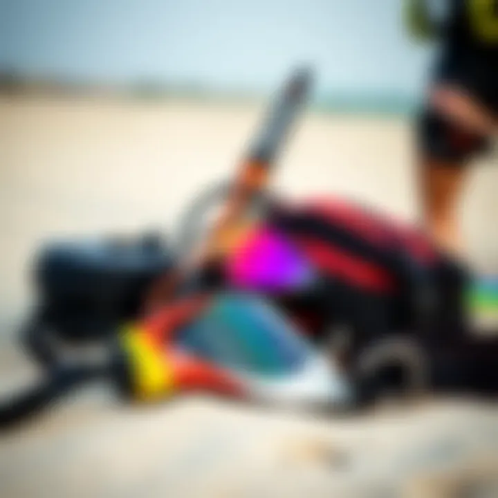 A close-up of advanced kitesurfing equipment and gear on a sandy beach