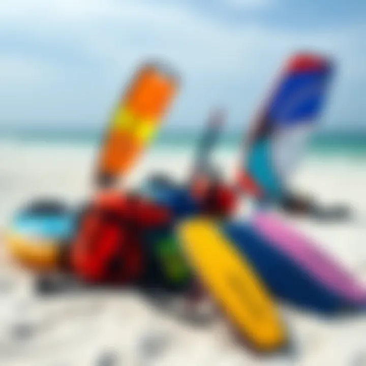 A colorful array of kitesurfing gear set up on the beach