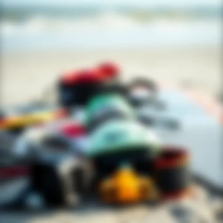 Close-up of kitesurfing gear laid out on the beach