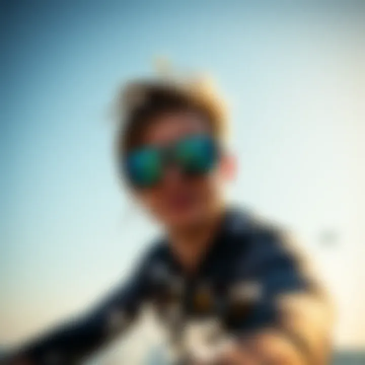 Kitesurfer wearing sunglasses against a bright sky