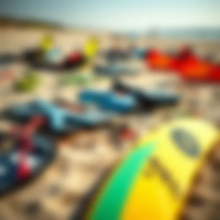 A colorful array of kiteboarding gear laid out on the beach