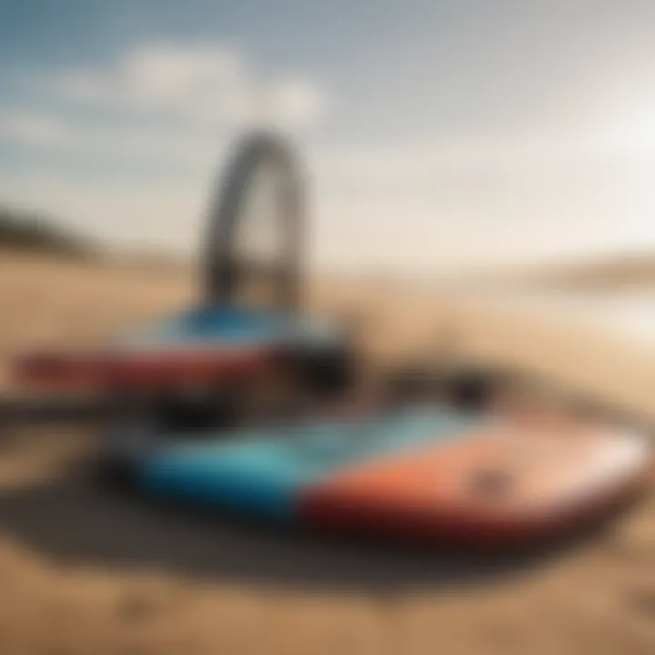 Kiteboarding gear laid out on the sandy shore
