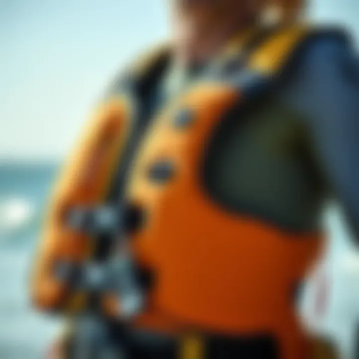 Safety Features of Kitesurfing Life Jackets Close-up of a kitesurfing life jacket showcasing its safety features
