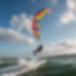 Kiteboarder riding the waves at Port Canaveral with vibrant kites in the sky