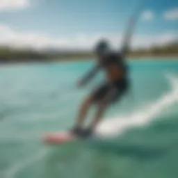A stunning kiteboarder gliding across turquoise waters