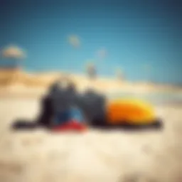 Kiteboarding gear displayed on a sunny beach