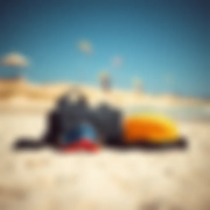 Kiteboarding gear displayed on a sunny beach