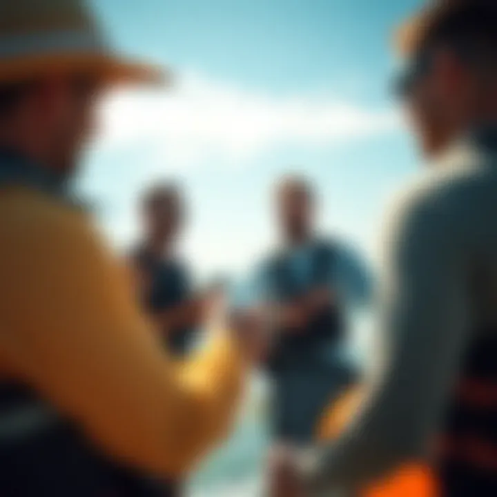 Collaborating for Enhanced Kiteboarding Sessions Group of kiteboarders discussing wind strategies