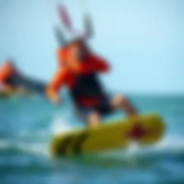 Kiteboarder wearing Mustang survival suit on the water