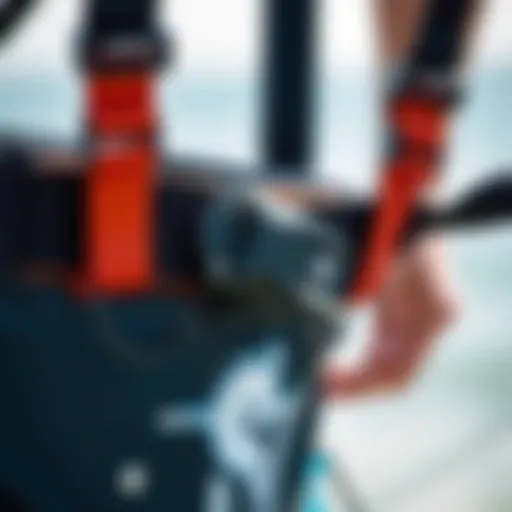 Close-up view of the Mystic kiteboarding harness showcasing intricate design details