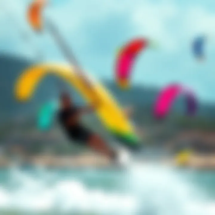 Dynamic Kitesurfing Action A vibrant kitesurfing scene with colorful kites in the sky