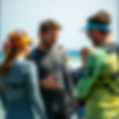 Kitesurfing Community Interaction A group of kitesurfing enthusiasts sharing tips