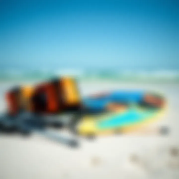 Essential Kitesurfing Equipment Essential kitesurfing gear laid out on the beach