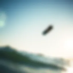 A kiteboarder gliding smoothly over calm waters under a bright sky