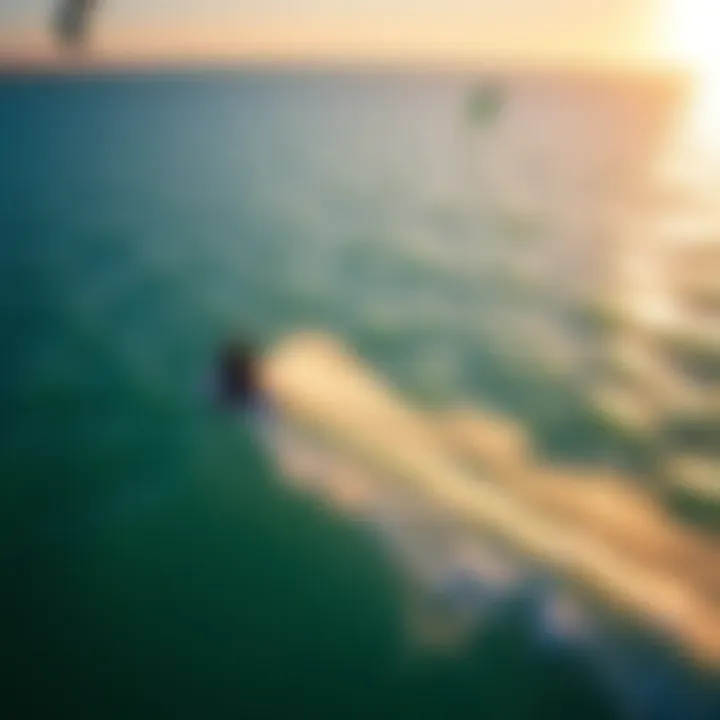 Aerial view of vibrant kiteboarding action on the Gulf Aerial view of kiteboarding on the Gulf of Mexico