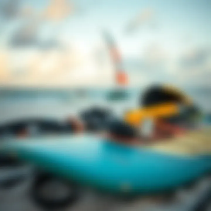 Essential kiteboarding gear ready for an adventure Close-up of kiteboarding gear laid out on the beach