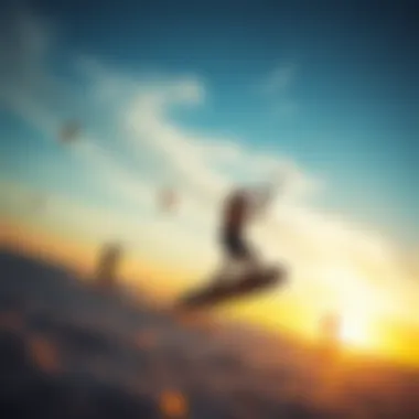 Kiteboarders enjoying the beach at sunset Scenic beach with kiteboarders during sunset