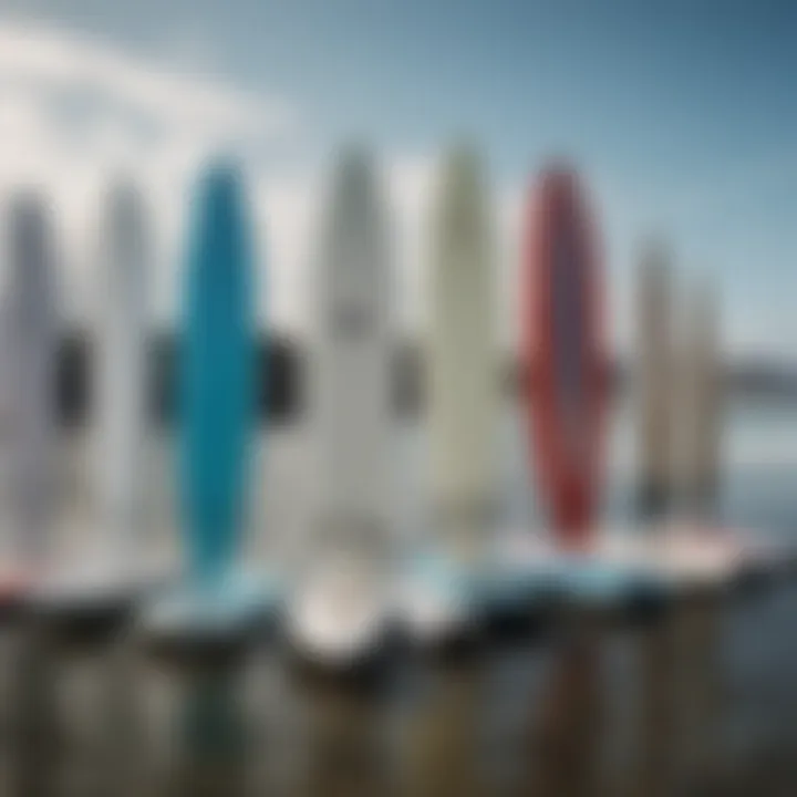 Various types of used hydrofoil surfboards displayed for comparison