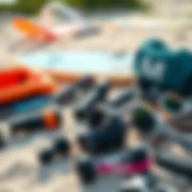 Kitesurfing accessories laid out on sand