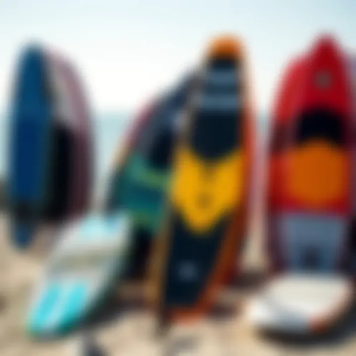 Variety of kitesurf boards displayed on a beach