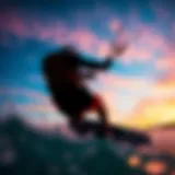 Kiteboarding under vibrant skies with wind indicators.