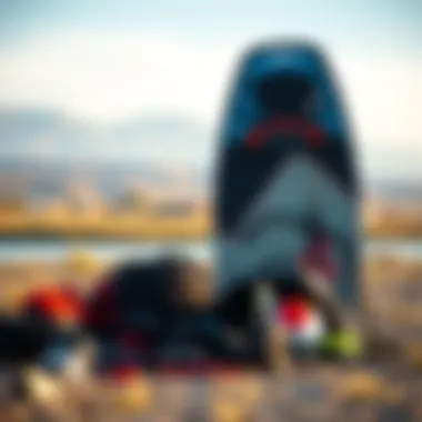 Gear Selection for Kiteboarding in Pasco Kiteboard gear laid out against a backdrop of Pasco's landscape