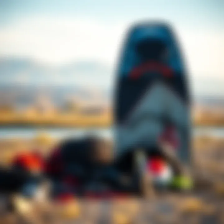 Gear Selection for Kiteboarding in Pasco Kiteboard gear laid out against a backdrop of Pasco's landscape