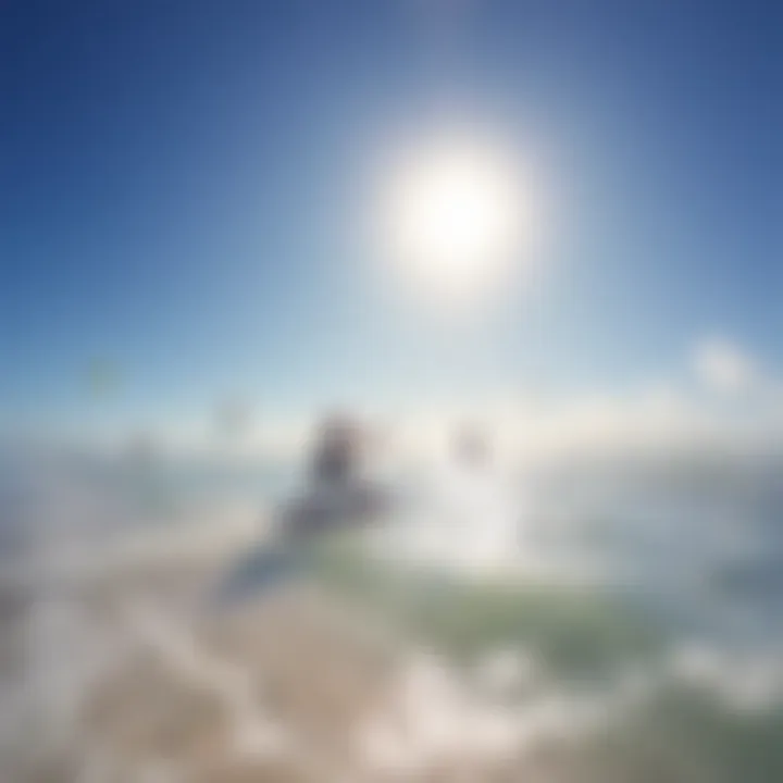 A serene beach scene with kiteboarders enjoying a perfect day