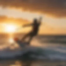 Kiteboarding at sunset over the ocean waves