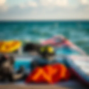 Kiteboarding Equipment Ready for Adventure Kiteboarding equipment laid out for a day on the water
