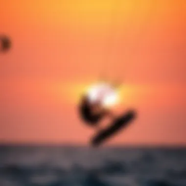 Performing Tricks with the Skywalker Kite Kiteboarder performing tricks with the Skywalker kite against sunset backdrop