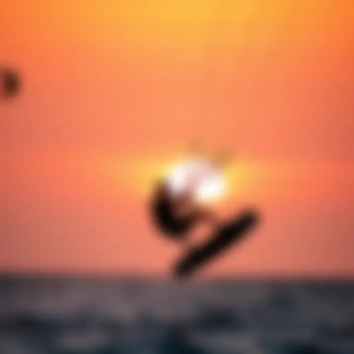 Performing Tricks with the Skywalker Kite Kiteboarder performing tricks with the Skywalker kite against sunset backdrop